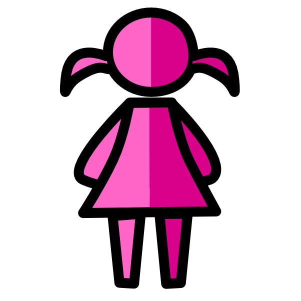 a simplified figure of a short pink person that has a dress-shaped triangle body and pigtails on either side of its head with the left half being a lighter pink. The image has dark line art
